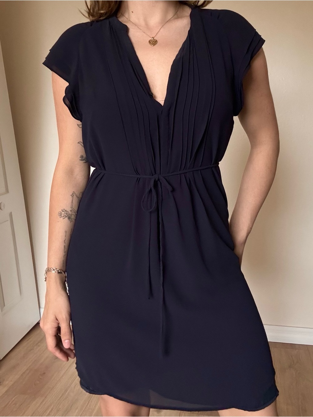 H&M Navy Pleated V-Neck Tie-Waist Mini Dress